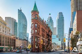 Historic flatiron-style building in downtown Toronto